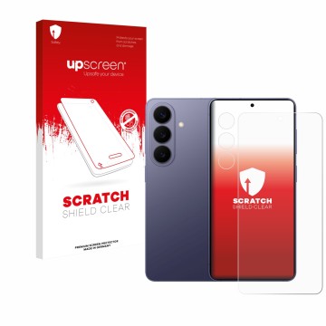 Face avant d’un emballage produit avec le logo de la marque upscreen. À côté, l’appareil Samsung Galaxy S26 (Avant+Caméra) est