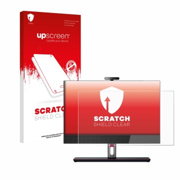 Parte frontal de un envase de producto con el logotipo de la marca upscreen. Al lado se muestra el dispositivo Lenovo ThinkCen