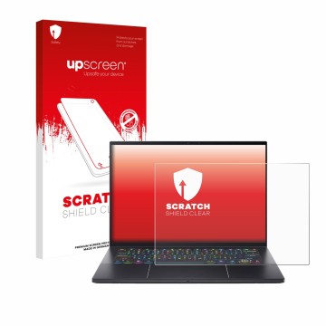 Face avant d’un emballage produit avec le logo de la marque upscreen. À côté, l’appareil Acer Predator Triton 14 AI est représ