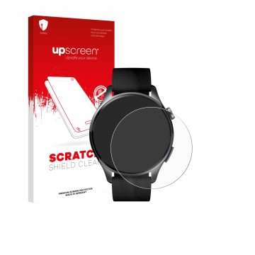 Face avant d’un emballage produit avec le logo de la marque upscreen. À côté, l’appareil Xiaomi Watch 5 (47 mm) est représenté