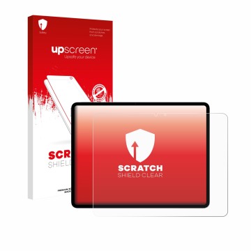 Parte frontal de un envase de producto con el logotipo de la marca upscreen. Al lado se muestra el dispositivo Apple iPad Air 
