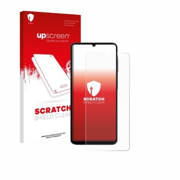 Vorderseite einer Produktverpackung mit dem Markenlogo upscreen. Daneben ist das Gerät Samsung Galaxy M07 mit dem zugehörigen 