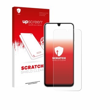 Vorderseite einer Produktverpackung mit dem Markenlogo upscreen. Daneben ist das Gerät Samsung Galaxy M36 mit dem zugehörigen 