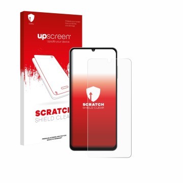 Parte frontale di una confezione del prodotto con il logo del marchio upscreen. Accanto è raffigurato il dispositivo Samsung G