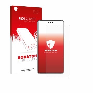 Vorderseite einer Produktverpackung mit dem Markenlogo upscreen. Daneben ist das Gerät Huawei Mate 60 Pro Plus mit dem zugehör