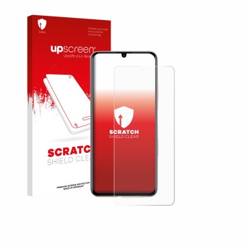 Vorderseite einer Produktverpackung mit dem Markenlogo upscreen. Daneben ist das Gerät Huawei Nova Y71 mit dem zugehörigen Dis