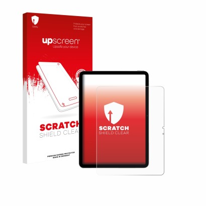 Parte frontal de un envase de producto con el logotipo de la marca upscreen. Al lado se muestra el dispositivo Apple iPad Air 