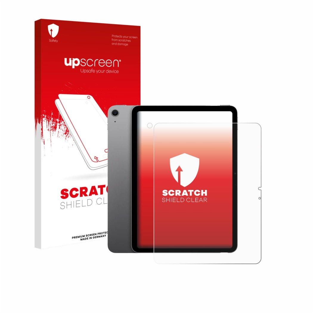 Face avant d’un emballage produit avec le logo de la marque upscreen. À côté, l’appareil Apple iPad Air 13