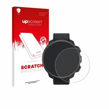 Parte frontal de un envase de producto con el logotipo de la marca upscreen. Al lado se muestra el dispositivo Suunto Nautic S