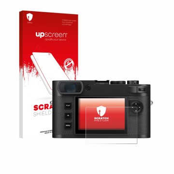 Face avant d’un emballage produit avec le logo de la marque upscreen. À côté, l’appareil Leica M EV1 est représenté avec la pr