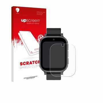 Vorderseite einer Produktverpackung mit dem Markenlogo upscreen. Daneben ist das Gerät Ruopoem Kids Smartwatch 4G mit dem zuge
