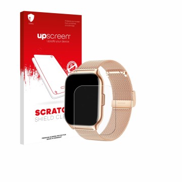 Face avant d’un emballage produit avec le logo de la marque upscreen. À côté, l’appareil APAUK Smartwatch 2.01