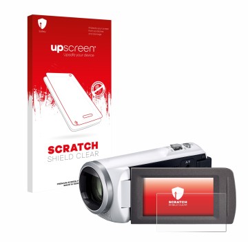 Parte frontale di una confezione del prodotto con il logo del marchio upscreen. Accanto è raffigurato il dispositivo Panasonic