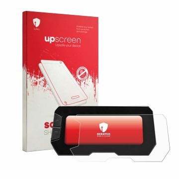 Parte frontal de un envase de producto con el logotipo de la marca upscreen. Al lado se muestra el dispositivo Honda CB125R 20