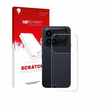 Face avant d’un emballage produit avec le logo de la marque upscreen. À côté, l’appareil Nothing Phone (4a) Pro (Arrière) est 