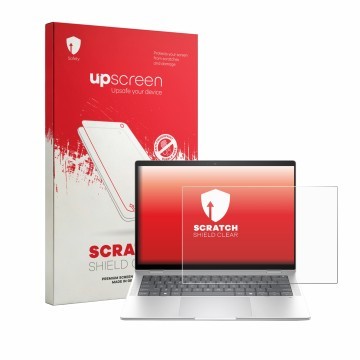 Face avant d’un emballage produit avec le logo de la marque upscreen. À côté, l’appareil HP EliteBook X G1i 14