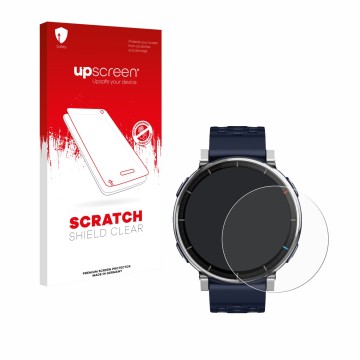 Face avant d’un emballage produit avec le logo de la marque upscreen. À côté, l’appareil Amazfit Active 3 Premium est représen
