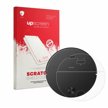 Parte frontale di una confezione del prodotto con il logo del marchio upscreen. Accanto è raffigurato il dispositivo Roborock 