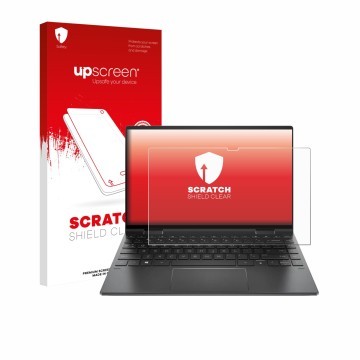 Face avant d’un emballage produit avec le logo de la marque upscreen. À côté, l’appareil HP Envy x360 Convertible 15,6