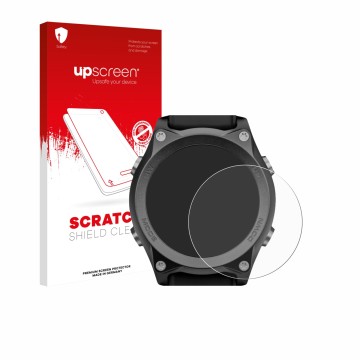 Parte frontal de un envase de producto con el logotipo de la marca upscreen. Al lado se muestra el dispositivo Mares Sirius co