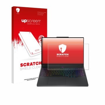 Parte frontal de un envase de producto con el logotipo de la marca upscreen. Al lado se muestra el dispositivo Lenovo Legion 5