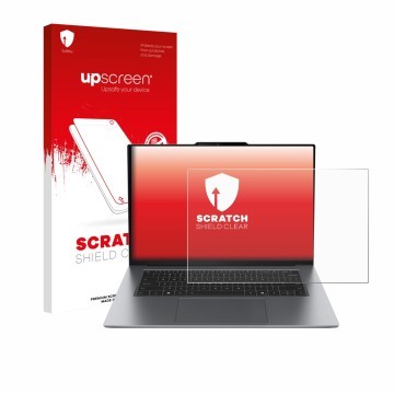 Parte frontal de un envase de producto con el logotipo de la marca upscreen. Al lado se muestra el dispositivo Lenovo ThinkPad