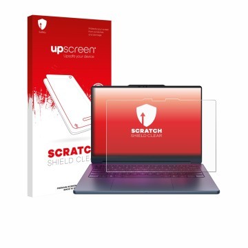 Parte frontale di una confezione del prodotto con il logo del marchio upscreen. Accanto è raffigurato il dispositivo Lenovo Yo