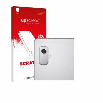 Vorderseite einer Produktverpackung mit dem Markenlogo upscreen. Daneben ist das Gerät Lenovo Tab M9 (NUR Kameraschutz) mit de