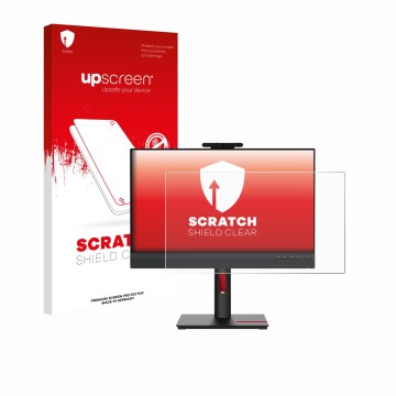 Parte frontal de un envase de producto con el logotipo de la marca upscreen. Al lado se muestra el dispositivo Lenovo ThinkCen