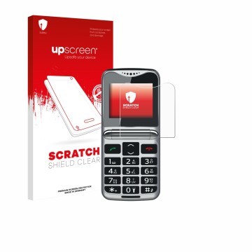 Vorderseite einer Produktverpackung mit dem Markenlogo upscreen. Daneben ist das Gerät bea-fon Fold 10 LTE mit dem zugehörigen