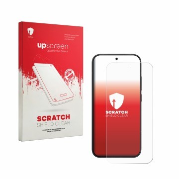 Face avant d’un emballage produit avec le logo de la marque upscreen. À côté, l’appareil Xiaomi Poco X8 Pro Iron Man Edition e