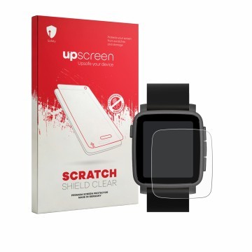 Parte frontale di una confezione del prodotto con il logo del marchio upscreen. Accanto è raffigurato il dispositivo Pebble Ti