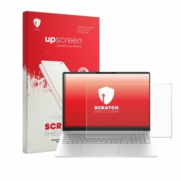 Face avant d’un emballage produit avec le logo de la marque upscreen. À côté, l’appareil HP OmniBook 3 16