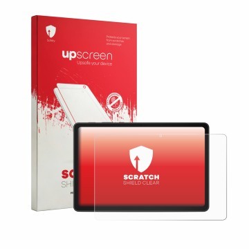 Parte frontal de un envase de producto con el logotipo de la marca upscreen. Al lado se muestra el dispositivo Lenovo ThinkTab