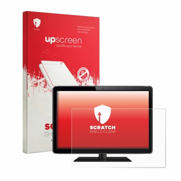 Vorderseite einer Produktverpackung mit dem Markenlogo upscreen. Daneben ist das Gerät mit dem zugehörigen Displayschutz abgeb