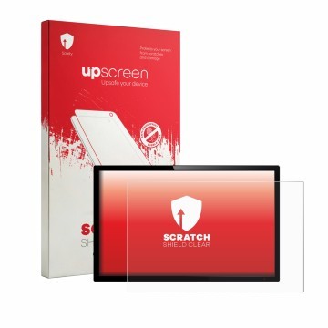 Parte frontal de un envase de producto con el logotipo de la marca upscreen. Al lado se muestra el dispositivo con su protecto