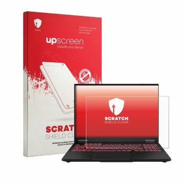 Face avant d’un emballage produit avec le logo de la marque upscreen. À côté, l’appareil ASUS TUF Gaming F16 FX608 est représe