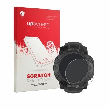 Face avant d’un emballage produit avec le logo de la marque upscreen. À côté, l’appareil Garmin Instinct 3 Tactical Edition (5