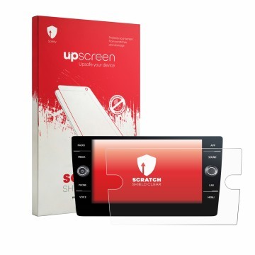 Parte frontal de un envase de producto con el logotipo de la marca upscreen. Al lado se muestra el dispositivo Volkswagen T6.1