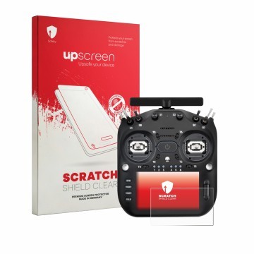 Parte frontal de un envase de producto con el logotipo de la marca upscreen. Al lado se muestra el dispositivo Radiomaster TX1