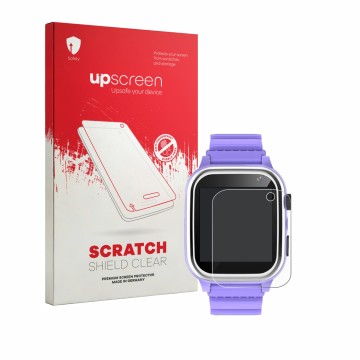 Vorderseite einer Produktverpackung mit dem Markenlogo upscreen. Daneben ist das Gerät kaacly Kids Smartwatch 1.44