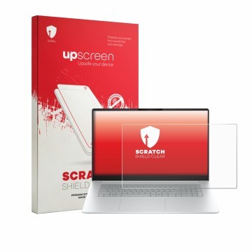 Face avant d’un emballage produit avec le logo de la marque upscreen. À côté, l’appareil HP OmniBook 3 17 17-dp0233ngx est rep