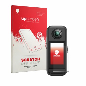 Face avant d’un emballage produit avec le logo de la marque upscreen. À côté, l’appareil Akaso 360 est représenté avec la prot