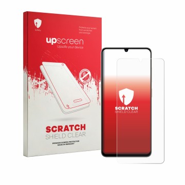 Parte frontal de un envase de producto con el logotipo de la marca upscreen. Al lado se muestra el dispositivo ZTE Blade A56 c