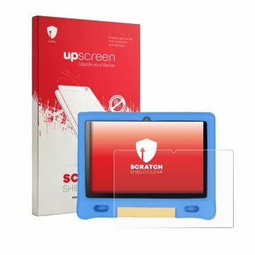 Front side of a product packaging with the brand logo upscreen. Next to it is the device Bufo Kids Tablet 10.1