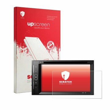 Vorderseite einer Produktverpackung mit dem Markenlogo upscreen. Daneben ist das Gerät Pioneer DMH-A240DAB mit dem zugehörigen