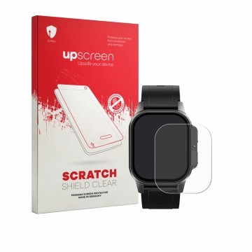 Face avant d’un emballage produit avec le logo de la marque upscreen. À côté, l’appareil Domino Watch DM62 est représenté avec