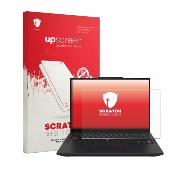 Face avant d’un emballage produit avec le logo de la marque upscreen. À côté, l’appareil Lenovo ThinkPad T14 Gen 7 est représe