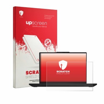 Face avant d’un emballage produit avec le logo de la marque upscreen. À côté, l’appareil Lenovo ThinkPad T16 Gen 5 est représe