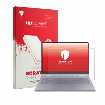 Face avant d’un emballage produit avec le logo de la marque upscreen. À côté, l’appareil Lenovo ThinkBook 14 2-in-1 Gen 6 est 